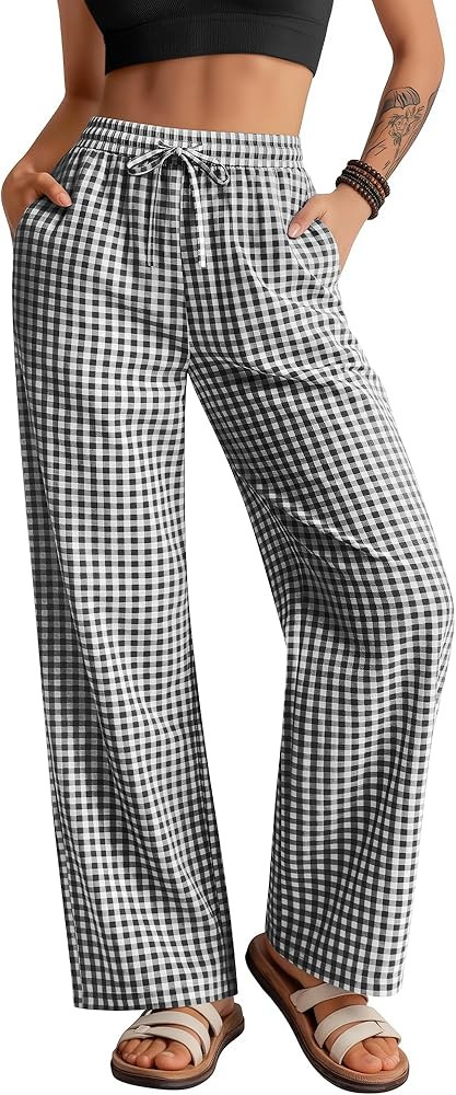 Neer Women's Striped Gingham Pants Cotton Plaid Pajama Lounge Boxer Pants Drawstring Pj Bottoms W... | Amazon (US)