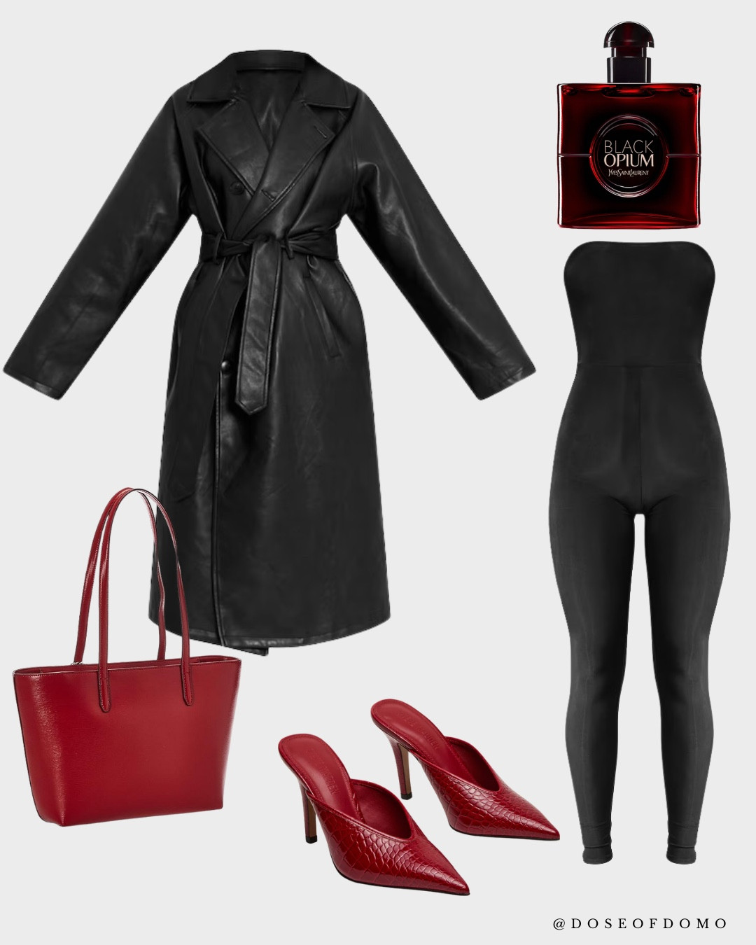 Sleek, bold, and a little mysterious — the perfect all-black moment with a pop of red. 🖤🔥 Pairing this faux leather trench with a fitted jumpsuit and red heels for a night-out look that turns heads. Finished with YSL Black Opium for that sultry signature scent. #LTKStyle #LTKFashion #LTKOutfitInspo #LTKHoliday #AllBlackLook #RedAccessories