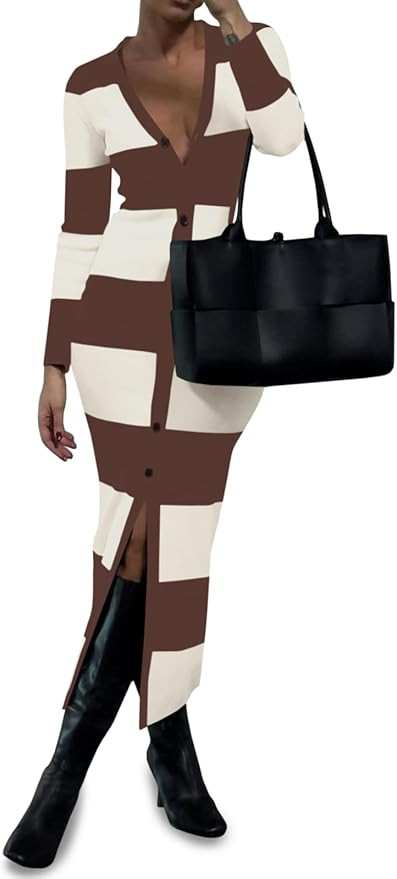 Saodimallsu Womens Striped Sweater Dress Button V Neck Long Sleeve Knit Fall Trendy Bodycon Midi ... | Amazon (US)