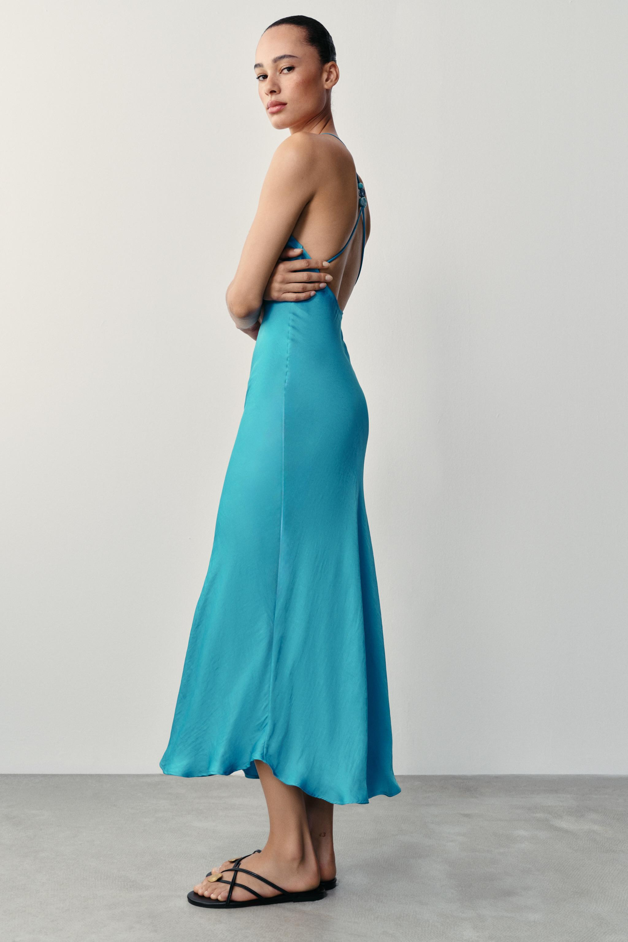 Model height: 179 cmLong V-neck dress with thin beaded straps. Satin fabric. | Zara UK