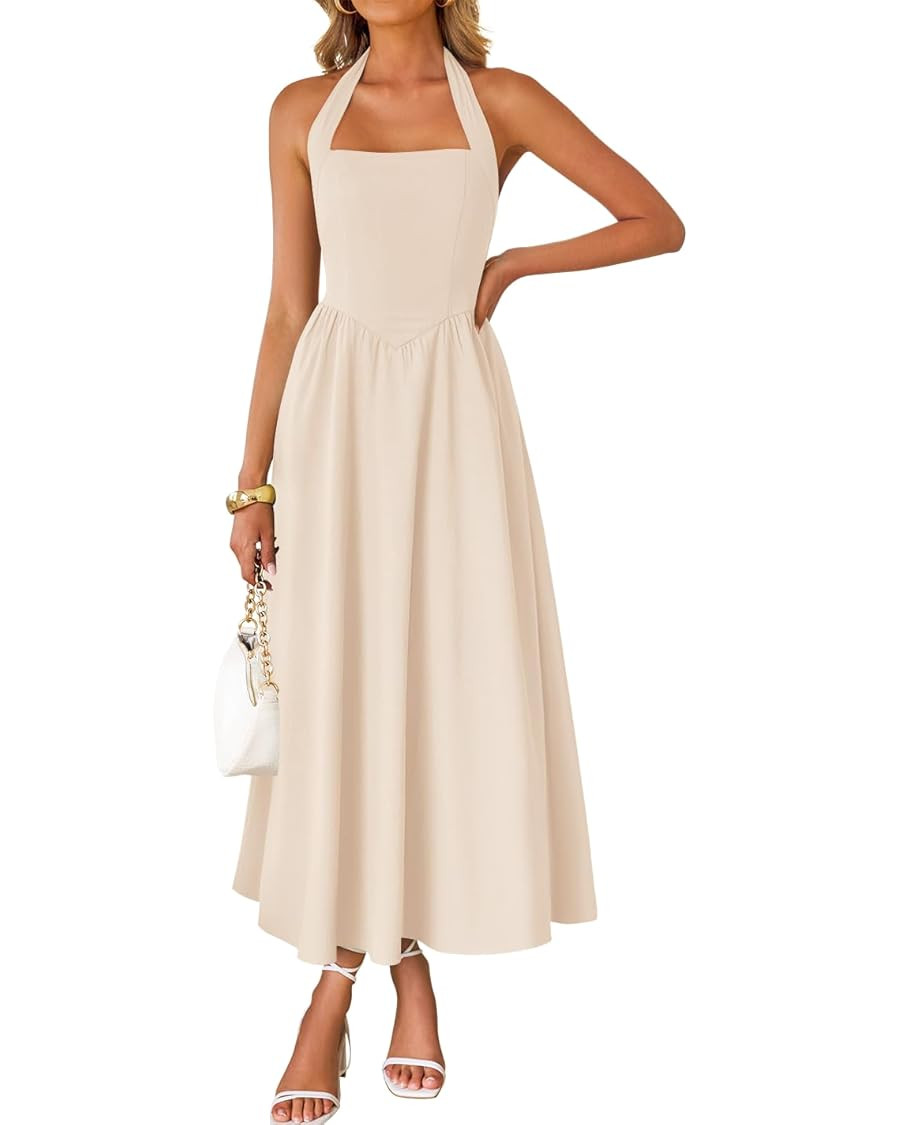 ZESICA Women's Summer Sleeveless Halter Midi Dress 2025 Off Shoulder High Waist Swing Flowy Beach... | Amazon (US)