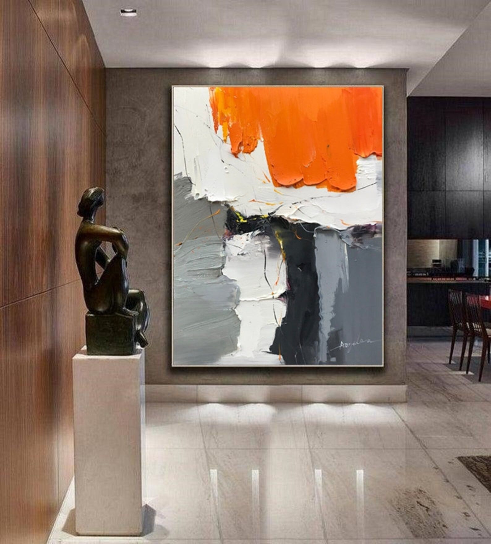 Large Original Gray Abstract Painting Orange Painting Modern | Etsy | Etsy (US)