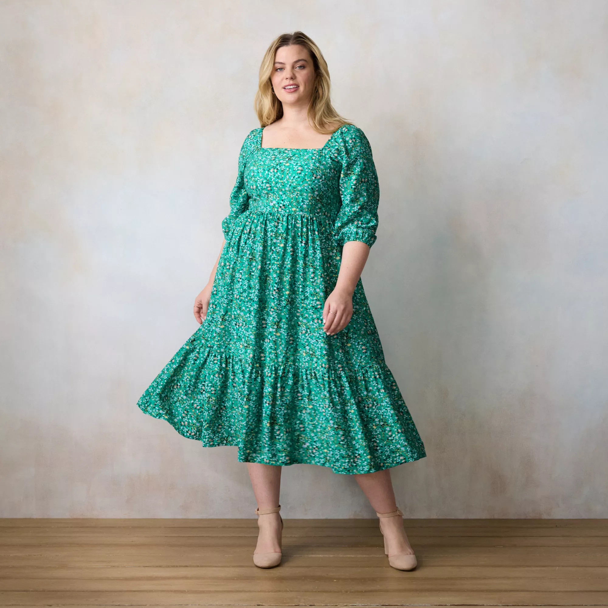 Plus Size LC Lauren Conrad Square Neck Puff Sleeve Midi Dress | Kohl's