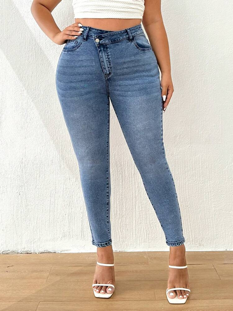 SHEIN Unity Plus Overlap Waist Skinny Jeans | SHEIN