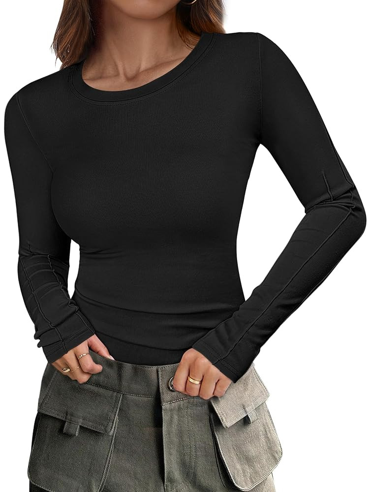 ANRABESS Womens Long Sleeve Shirts Crew Neck Fitted Knit Casual T-Shirt Going Out Tops Basic Tees... | Amazon (US)