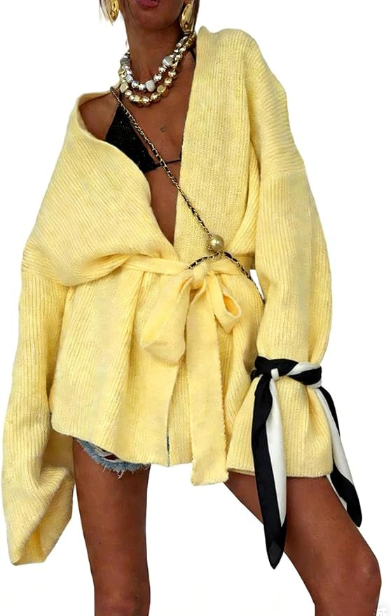 LKOUS Women's Long Sleeve Lightweight Soft Sweater V Neck Lace Up Waist Open Front Solid Knit Car... | Amazon (US)