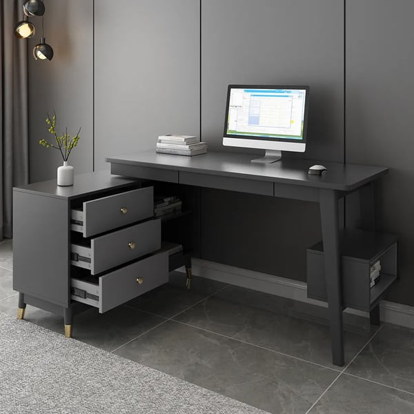 Modern Swivel Desk with Movable File Cabinet Black & Walnut L-Shaped Rotating Desk | Homary