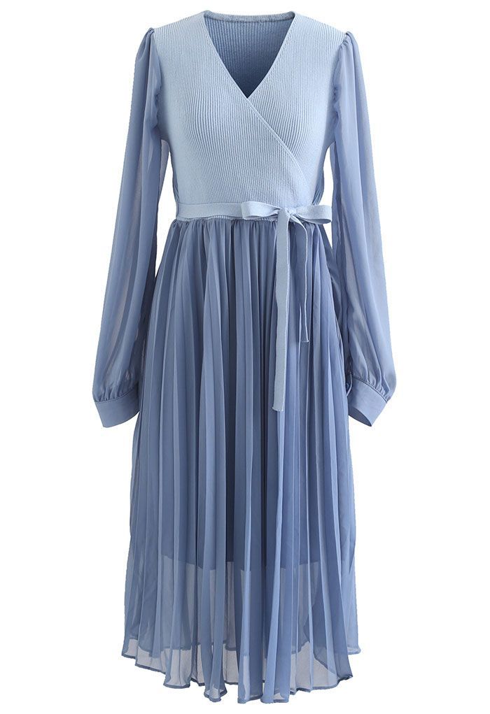 Knit Spliced Self-Tie Pleated Wrap Midi Dress in Blue | Chicwish