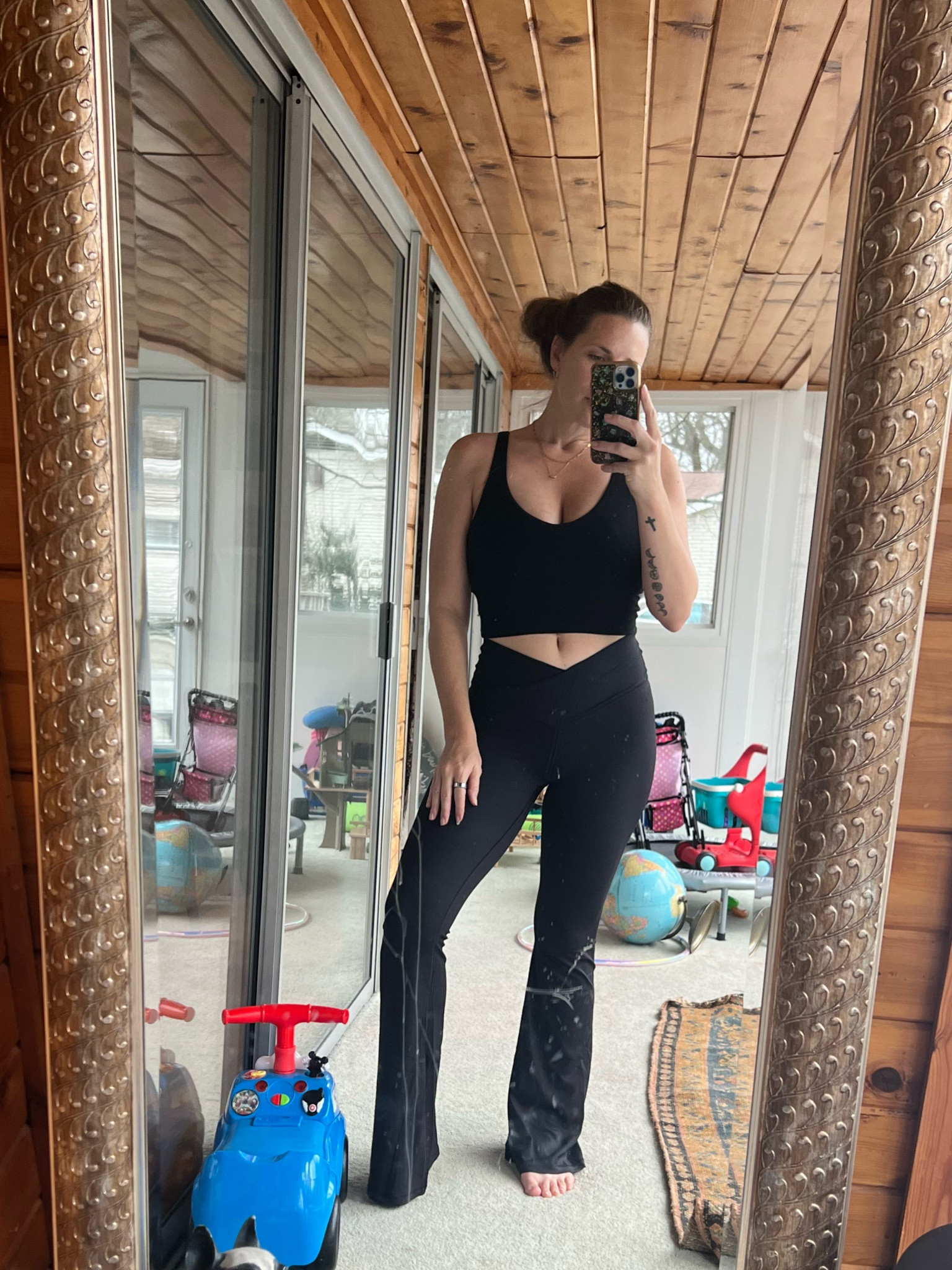 Yes I need to clean my mirror oops OBSESSED with this activewear set from aerie (American Eagle) the flare leggings are so stretchy and soft and the bra has minimal support, no wires, so comfy but looks really put together. I’m wearing large long in pants and large in top - I would say a medium would’ve fit but I cannot stand anything restrictive these days! 

#LTKfindsunder100 #LTKmidsize #LTKsalealert