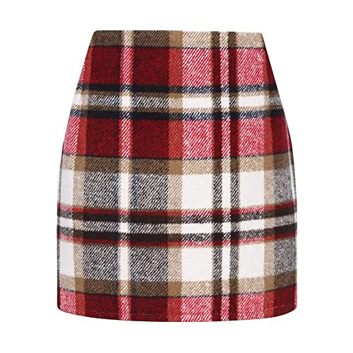 Women's Wool Fall Skirt Fashion 2025 High Waisted Pencil Bodycon Winter Plaid Mini Skirt (Wine Red, S) | Amazon (US)