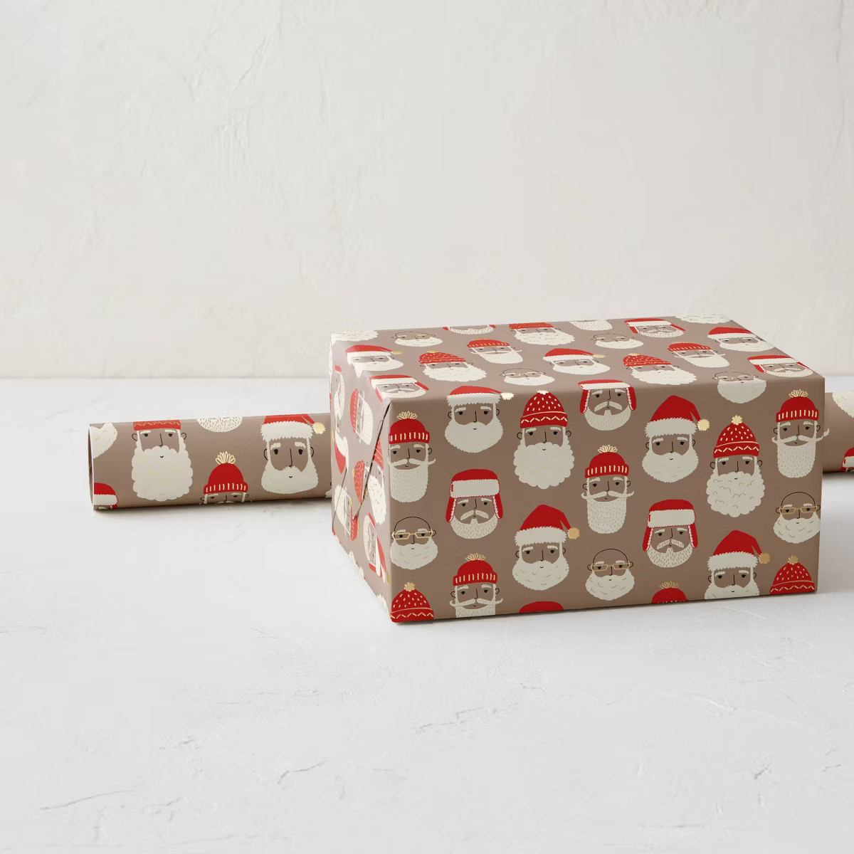 Minted Foil Santa Faces Luxury Gift Wrapping Paper Brown/Red/White | Target