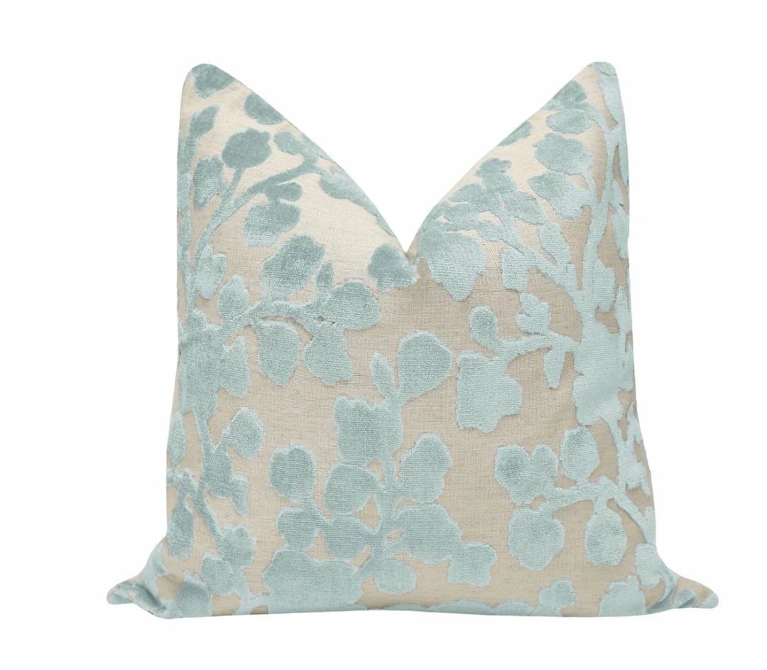 BACKORDER Blossom Cut Velvet // Spa Blue Pillow COVER ONLY | cut velvet | blue floral print | des... | Etsy (US)