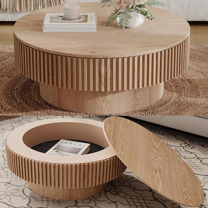 31.5''Round Coffee Table with Storage, Modern Luxury Circle Drum Center Tables with Solid Wood Ve... | Amazon (US)
