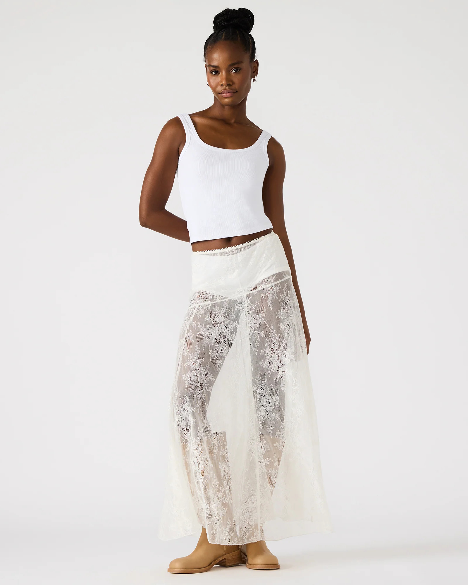 VEERA White Mesh Lace Flowy Maxi Skirt | Steve Madden (US)
