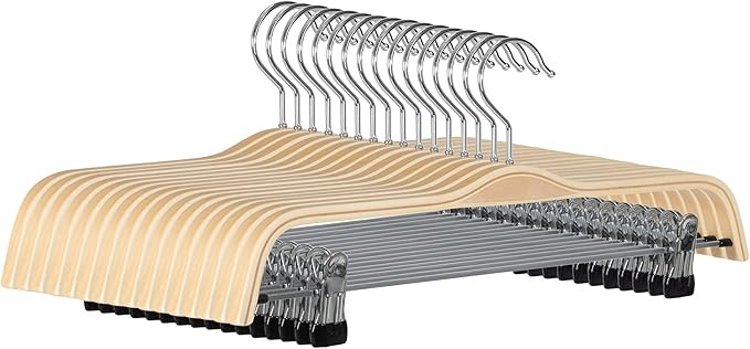 Wooden Pant Hangers, 16-Pack Light Weight Wood Skirt Hangers with Anti-Rust Hook and 2-Adjustable... | Amazon (US)