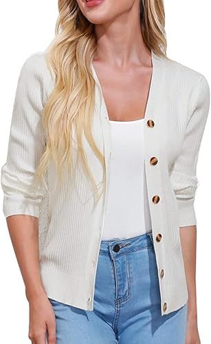 GRACE KARIN Women's Button Down Vee Neck Long Sleeve Rib Knit Cardigan Sweaters (S-2XL) | Amazon (US)