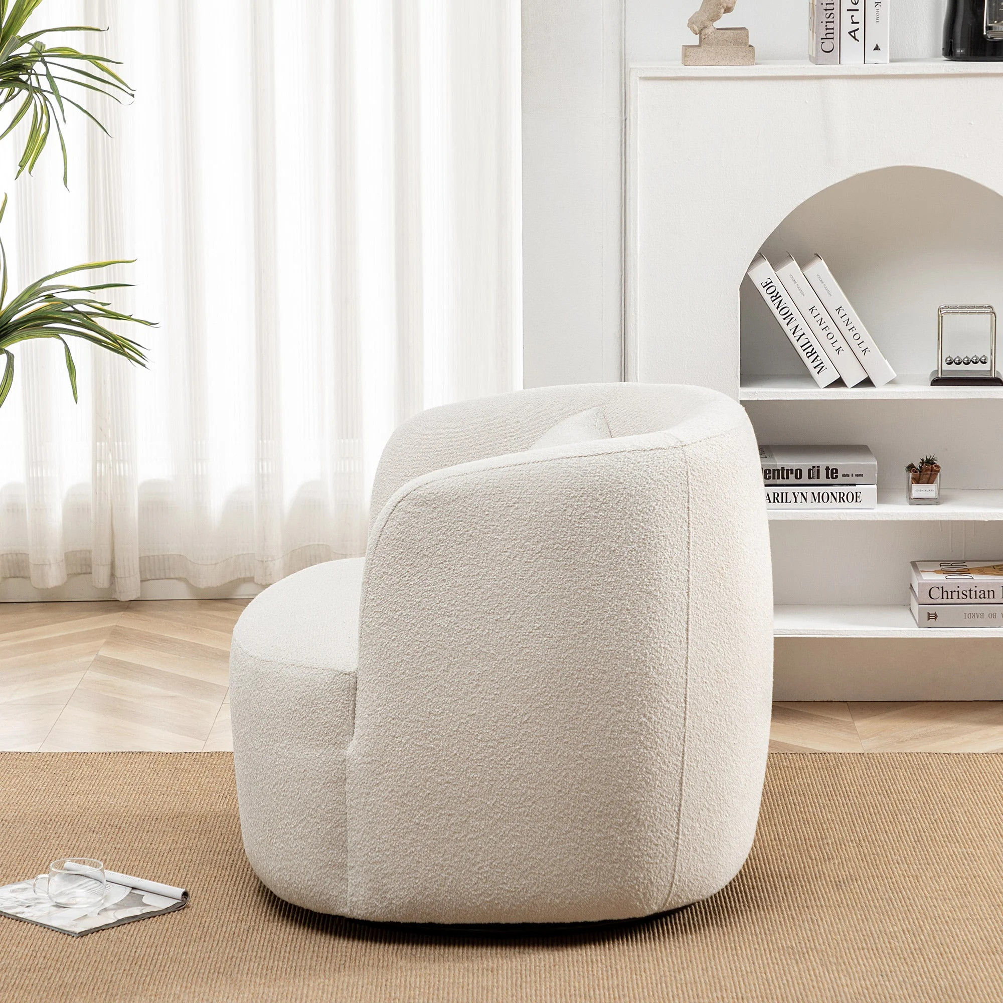 34" Wide Beige Bouclé Swivel Barrel Accent Chair with Pillow, Modern Upholstered Armchair | Walmart (US)