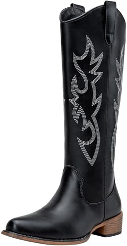 Jeossy Women's Black Cowboy Boots Embroided Western Cowgirl Boots Square Toe Knee High Pull on Wide Calf Shoes with Inside Zipper Size 7.5 (DJY9809 black 07.5) | Amazon (US)