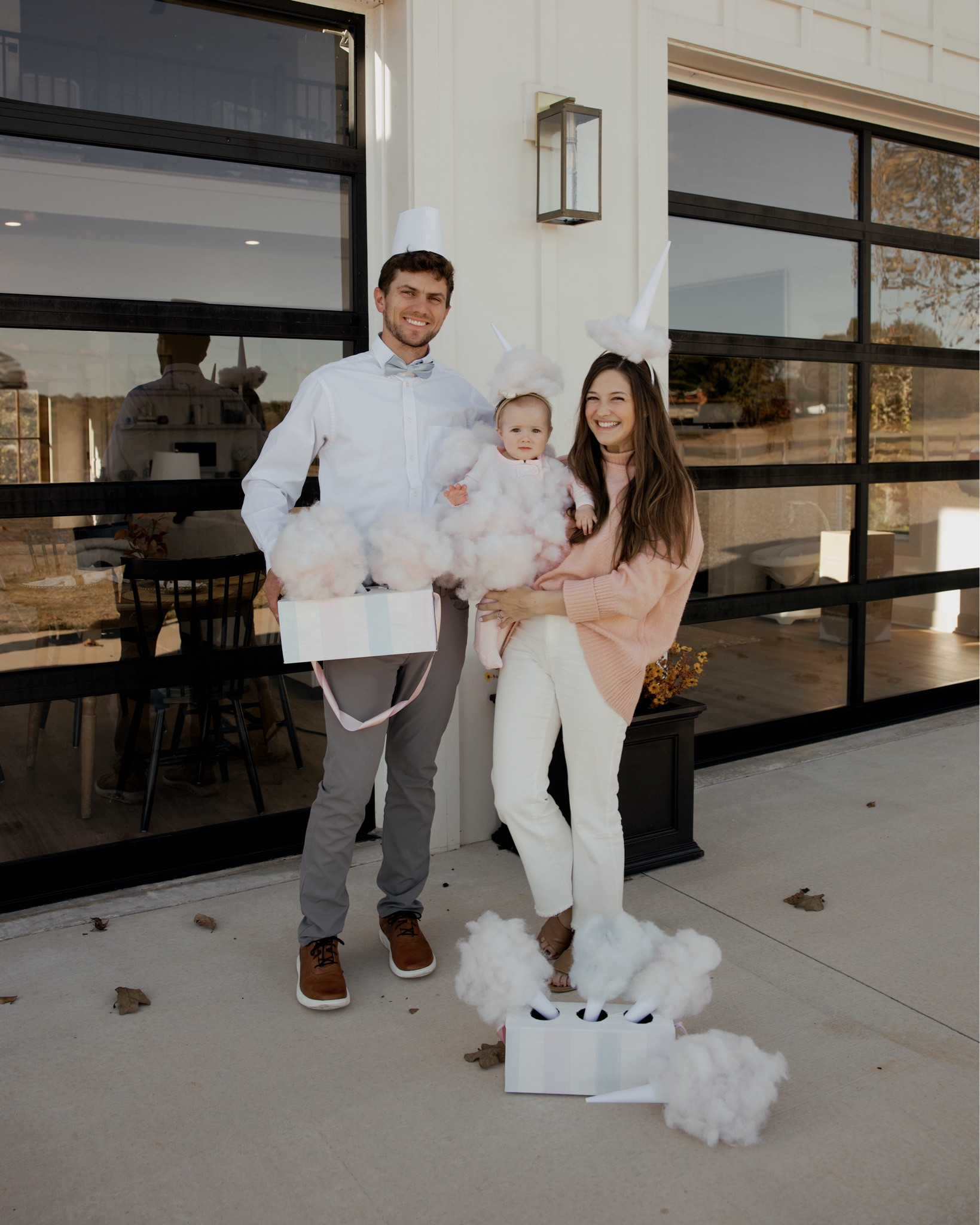 DIY cotton candy costume — 
grab a onesie (size up), dye your poly fill, and glue!

STEPS:
1. take the poly-fil out of bag and pull apart
2. mix dye with hot or boiling water in a spray bottle
3. spray the top of the poly-fil until lightly covered. Wait to dry for at least 24 hours.
4. Insert a pillow into onesie to use as a mold (optional)
5. take the adhesive spray and spray a small section of the outfit, then grab a small piece of poly-fil and place it on the section you sprayed. Hold in place for 2-3 seconds. Continue this process until the whole outfit is covered.

Hat/cotton candy props
1. Roll card stock (or double up printer paper and roll) and tape to hold it together 
2. Spray adhesive glue on the end of the cone. Get a small amount of poly-fil and place it on the section you sprayed. Hold in place for 2-3 seconds. spray adhesive on the poly-fil going up in a round direction- Continue adding until it looks like cotton candy
3. For a hat, spray adhesive to the bottom if the cotton candy fluff. Hold a bow (or headband for adult) on for 2-3 seconds and let it dry for at least 30 minutes 

distribution box:
1, grab a cardboard box (we used an old Amazon one)
2. cut out 3 holes (about 2” in diameter) on the top. 
3. paint the box white (2-3 coats) and let it dry overnight. 
4. Paint pink and blue stripes (I mixed them with white so they would be light) let it dry overnight
5. Use an exact knife to cut tiny holes on each end for the ribbon. Pull the ribbon through and tie a know on the inside of the box.

DONE! super simple and super quick! the easiest last minute DIY costume (it took me 3 days total, just spent about an hour or 2 each day on it because #busymomlife and had to let it all dry!)

#LTKHoliday #LTKFamily #LTKBaby