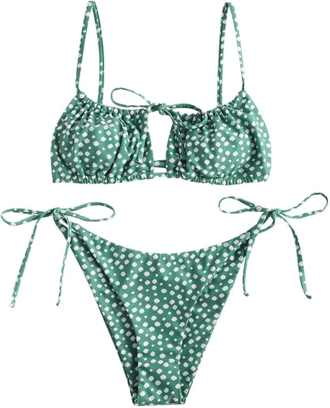 ZAFUL Women's Tie Cutout Keyhole Cami String Bikini Set Two Piece Swimsuit | Amazon (US)