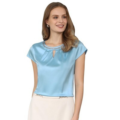 INSPIRE CHIC Women's Satin Keyhole Cap Sleeve Sparkly Chain Neck Rhinestone Blouse Medium Blue | Target