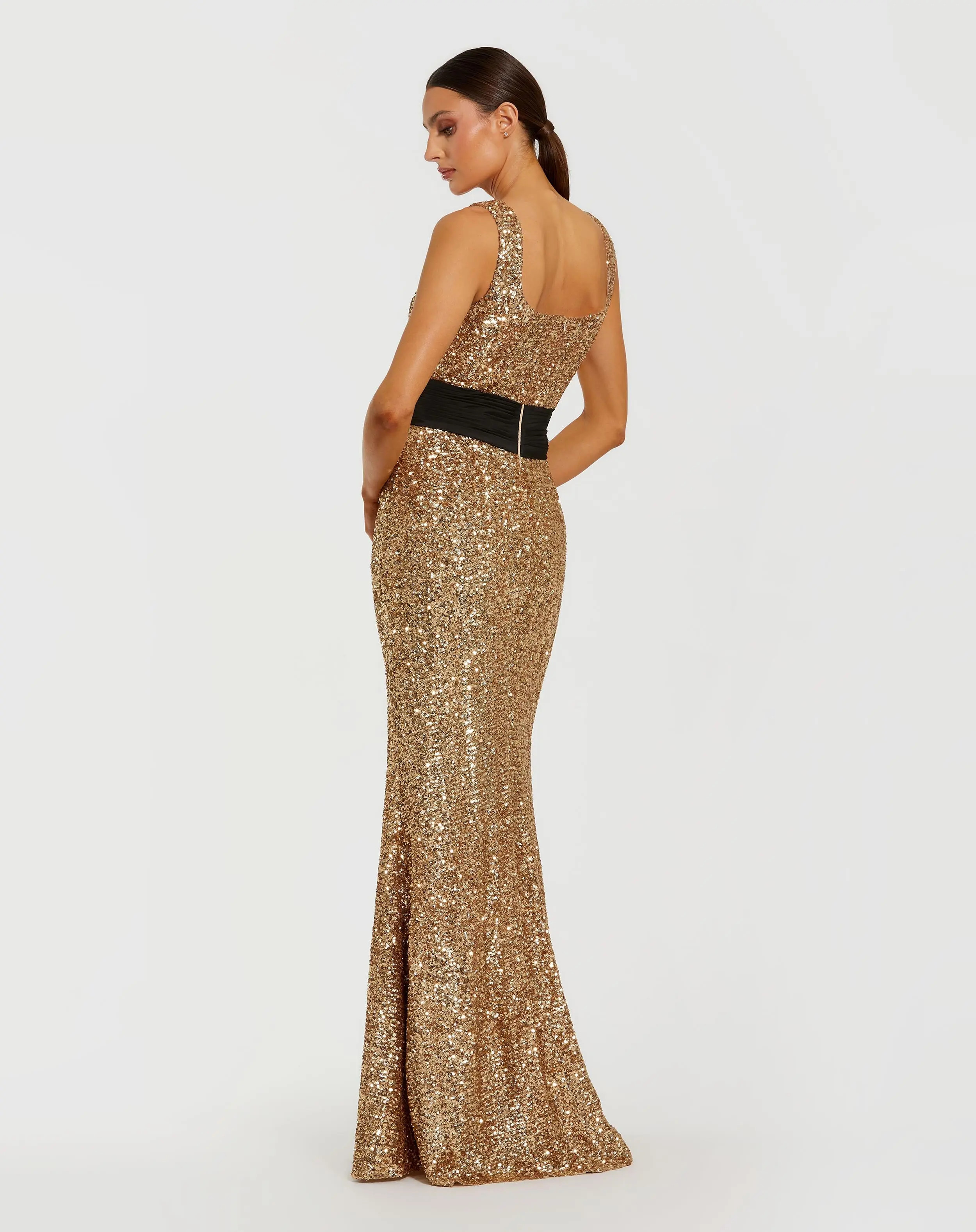 Gold Sequin Square Neck Column Gown With Faille Bow | Mac Duggal | Mac Duggal
