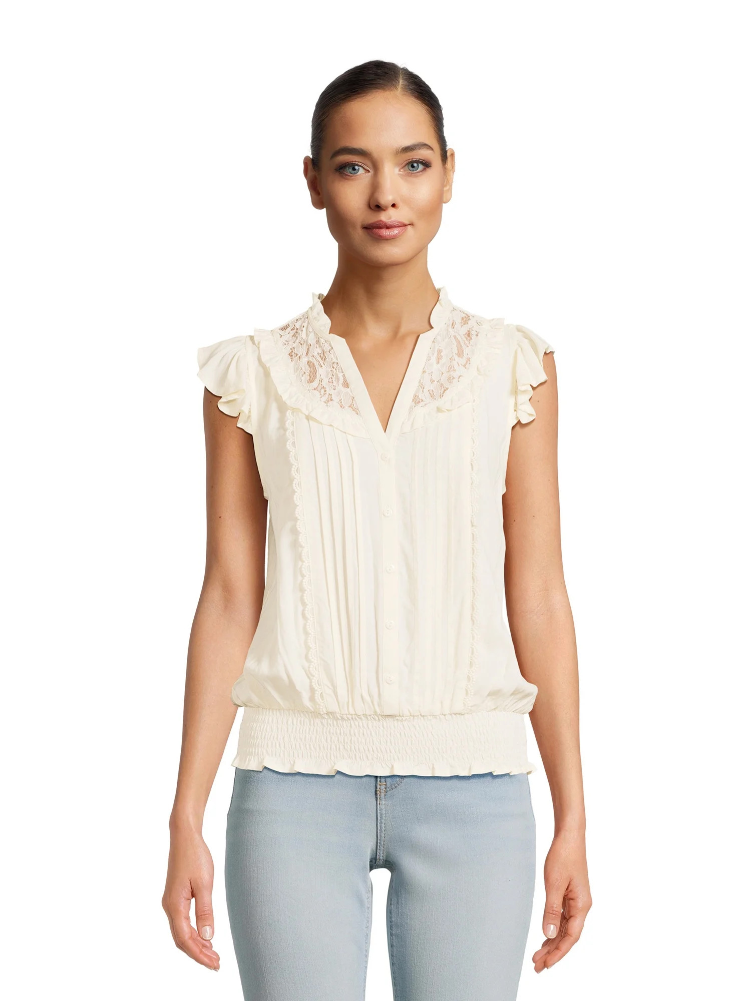 No Boundaries Juniors Flutter Sleeve Lacy Woven Top with Smocked Waist, Sizes XS-XXXL | Walmart (US)