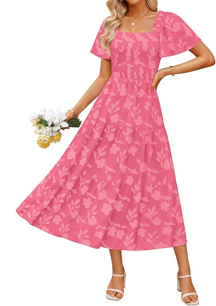 ZESICA Women‘s Summer Boho Floral Midi Dress 2026 Casual Short Sleeve Square Neck Flowy Beach V... | Amazon (US)