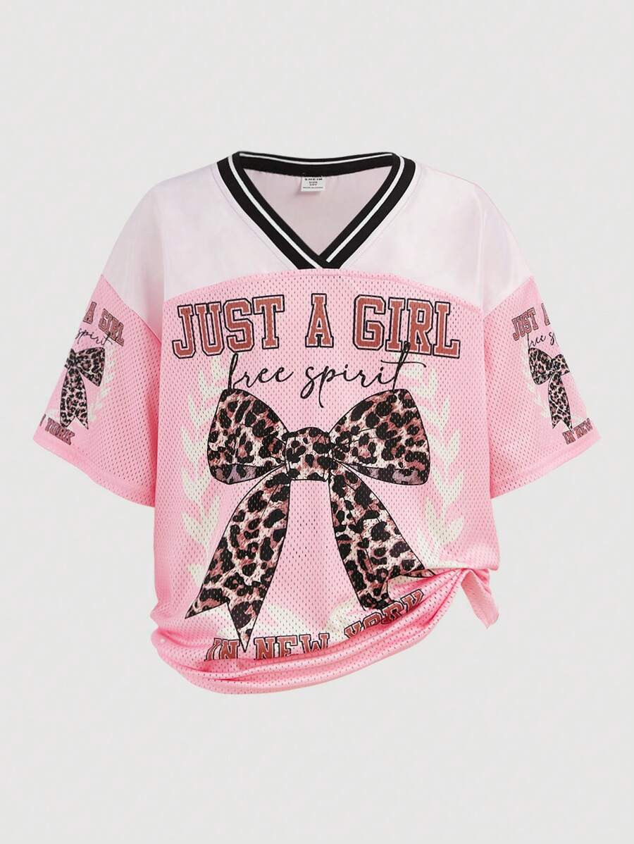 SHEIN Girlism Tween Girls Y2K Casual Streetwear Leopard Bow Slogan Graphic Print Mesh Splice V-Ne... | SHEIN