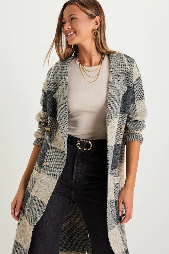 Cuddle Club Beige and Black Plaid Long Sleeve Coatigan | Lulus
