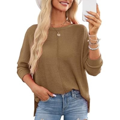 Dokotoo Womens Waffle Knit Tops 2025 Oversized Long Sleeve Shirts Crewneck Dre… | Amazon (US)
