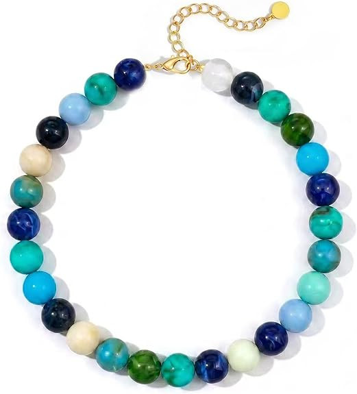 Multicolor Chunky Beaded Necklace, Statement Colorful Round Ball Beads Choker Necklace with Gold-... | Amazon (US)