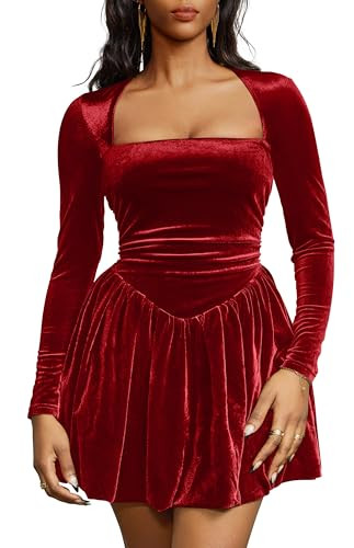 GOBLES Women's Sexy Long Sleeve Square Neck Velvet Bubble Mini Cocktail Party Dress | Amazon (US)