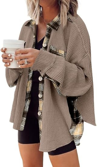 SHEWIN Womens Waffle Knit Plaid Shacket Boyfriend Button Down Shirt Jacket Loose Long Sleeve Tops | Amazon (US)