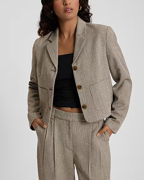 Textured Herringbone Cropped Slim Patch Pocket Blazer | Express