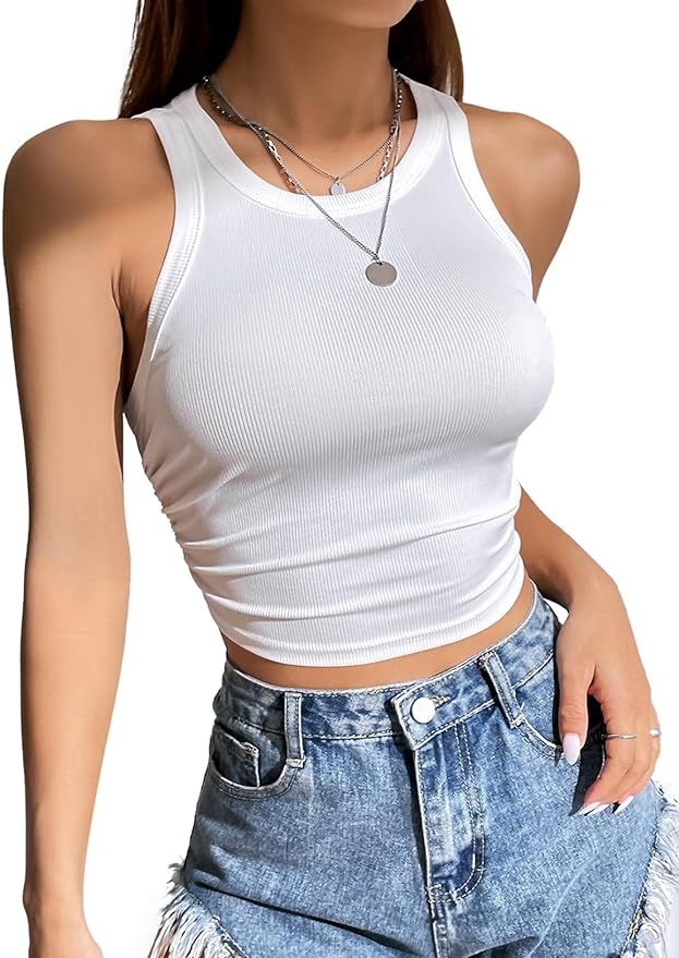 LOLONG Womens Crop Sleeveless Racerback Tank Tops Rib-Knit Casual Basic Shirts | Amazon (US)