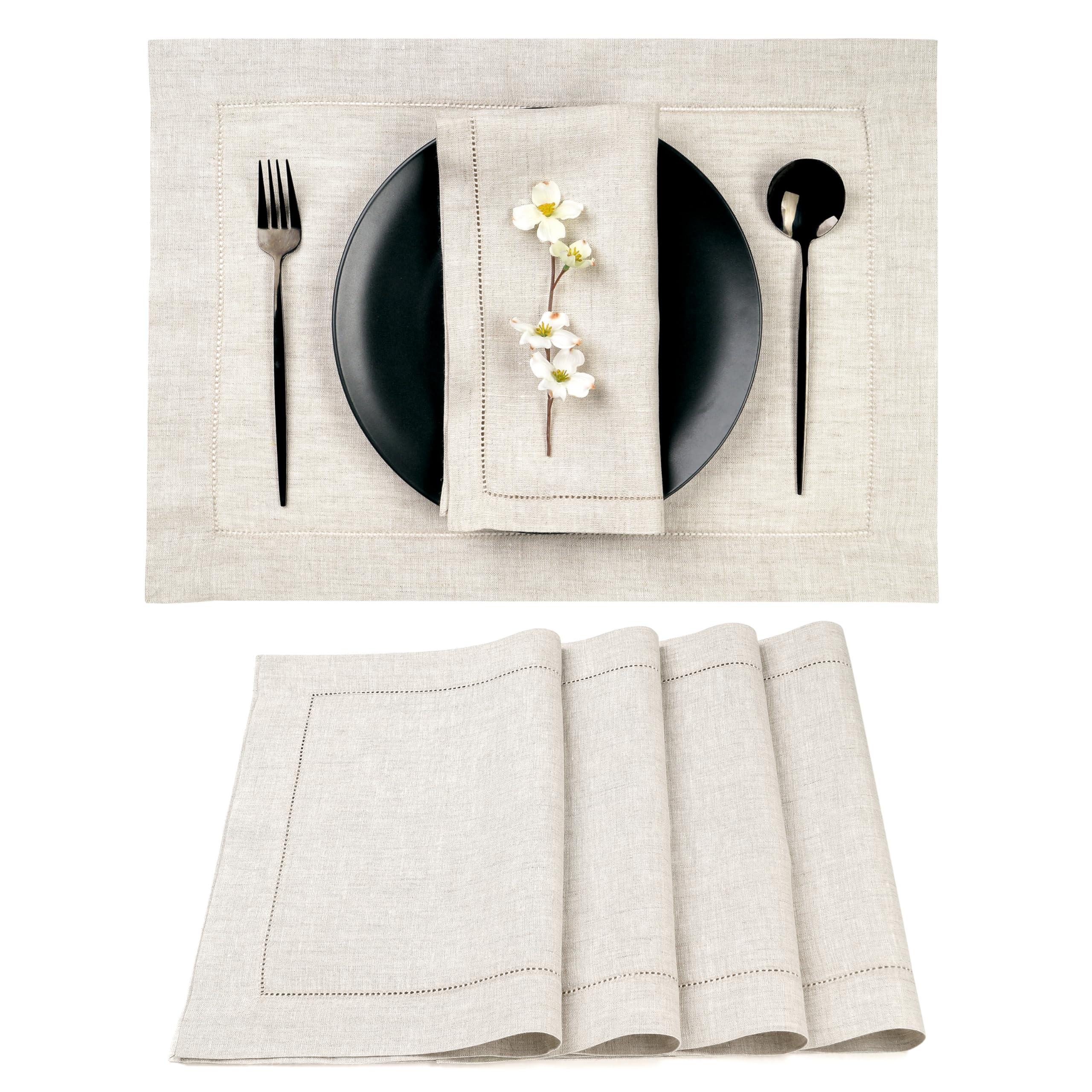 D'Moksha Homes Light Natural Linen Cloth Placemats Set of 4-100% Pure Linen Hemstitch Placemats 1... | Amazon (US)