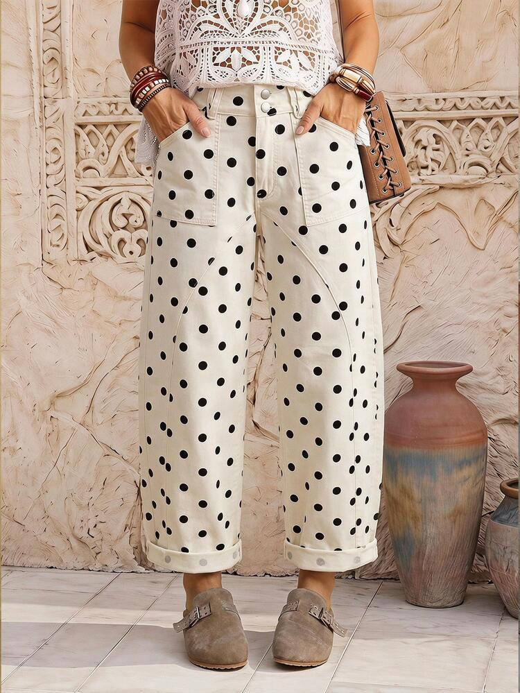 EMERY ROSE Women's Polka Dot Print Flared Leg Jeans Vacation Black White Polka Dot Summer Boho | SHEIN