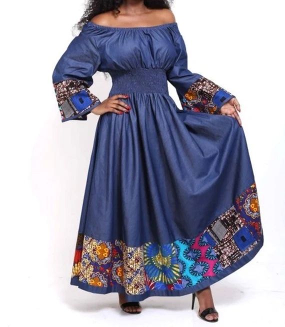 African Print Smock Waist Maxi Dress Ankle Length Bell Sleeve Denim | Etsy (US)