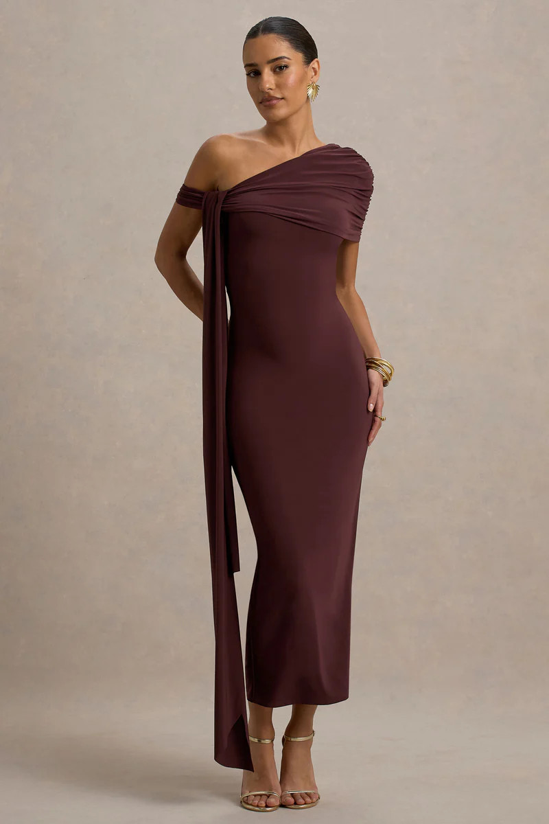 Praia  Burgundy Asymmetric-Neck Midi Dress With Sash and Draped Detailing | Club L London