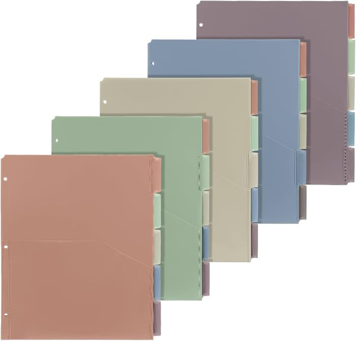 5 Sets 5 Tab Binder Dividers with Pockets for 3 Ring Plastic Binders 8.5 x 11 Inches 3 Hole Punch... | Amazon (US)