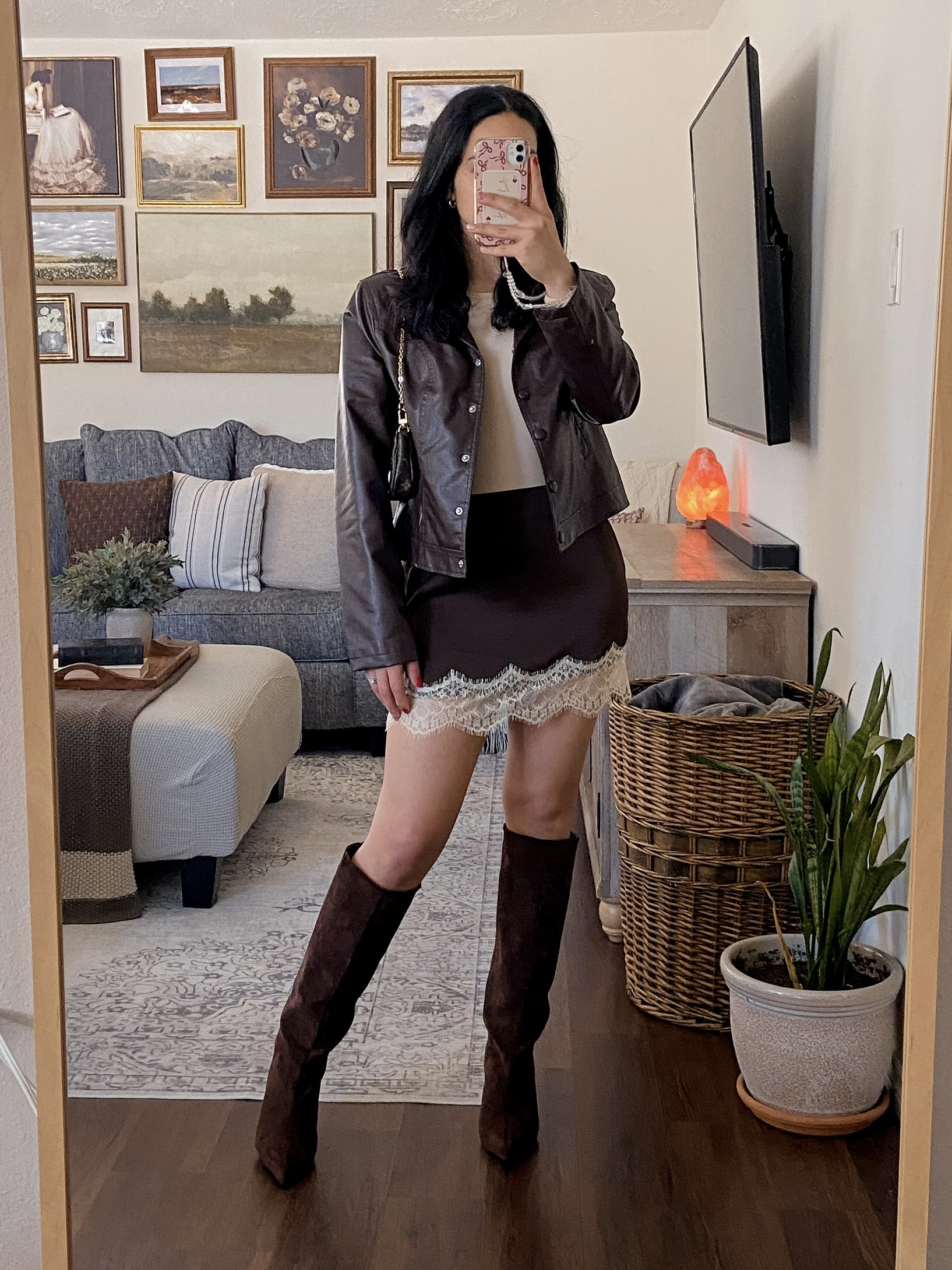 weekend outfit inspo 🤎🧸👜 cool girl chic outfit, satin mini skirt outfit, lace hem mini skirt, bodysuit outfit women, faux leather brown jacket outfit, brown knee high boots outfit, suede knee high boots, neutral brown outfit, elevated casual outfit, chic fall outfit, trendy fall outfit, stylish night out outfit, fashion inspo outfit, satin skirt with lace trim, lace hem mini skirt outfit, fitted bodysuit top, faux leather jacket brown, suede pointed toe knee high boots, neutral brown shoulder bag, monochrome brown outfit, texture mix outfit, fall layering outfit, cool girl aesthetic outfit, chic minimalist style, pinterest inspired outfit, elevated street style, modern feminine outfit, effortless chic vibes, neutral fashion aesthetic, trendy fall fashion, casual chic styling, fall outfit ideas, chic outfit inspo, neutral outfit inspo, brown outfit aesthetic, what to wear this fall, night out outfit ideas, fashion flat lay inspiration, women’s fashion trends
 

 #LTKdayinmylife #LTKgrwm #LTKootd