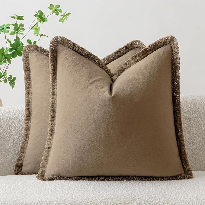 Brown Throw Pillow Covers 20x20 Set of 2 Pillow Covers with Boho Fringe Chic Cotton Decorative Pi... | Amazon (US)