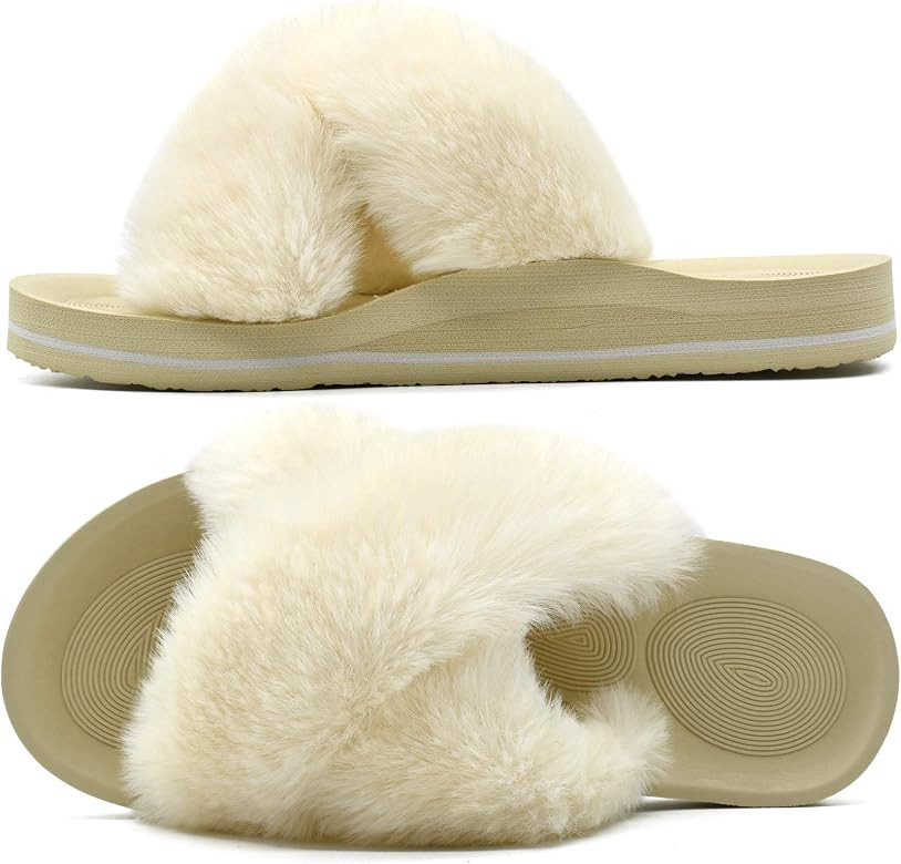 COFACE Womens Fuzzy Slides Fluffy Faux Fur Cross Slippers Open Toe Yoga Mat House Slippers Sandal... | Amazon (US)