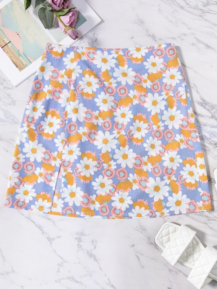 Floral Split Hem Zipper Skirt | SHEIN