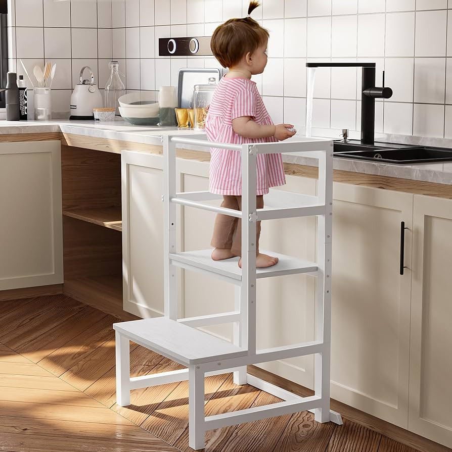 INNOD Kitchen Step Stool for Toddlers, Height Adjustable Toddler Tower with Safety Rail, Steel and Wood Toddler Kitchen Stool Helper Kids, Stool for Kids, Learning Tower, Kids' Desk White | Amazon (US)