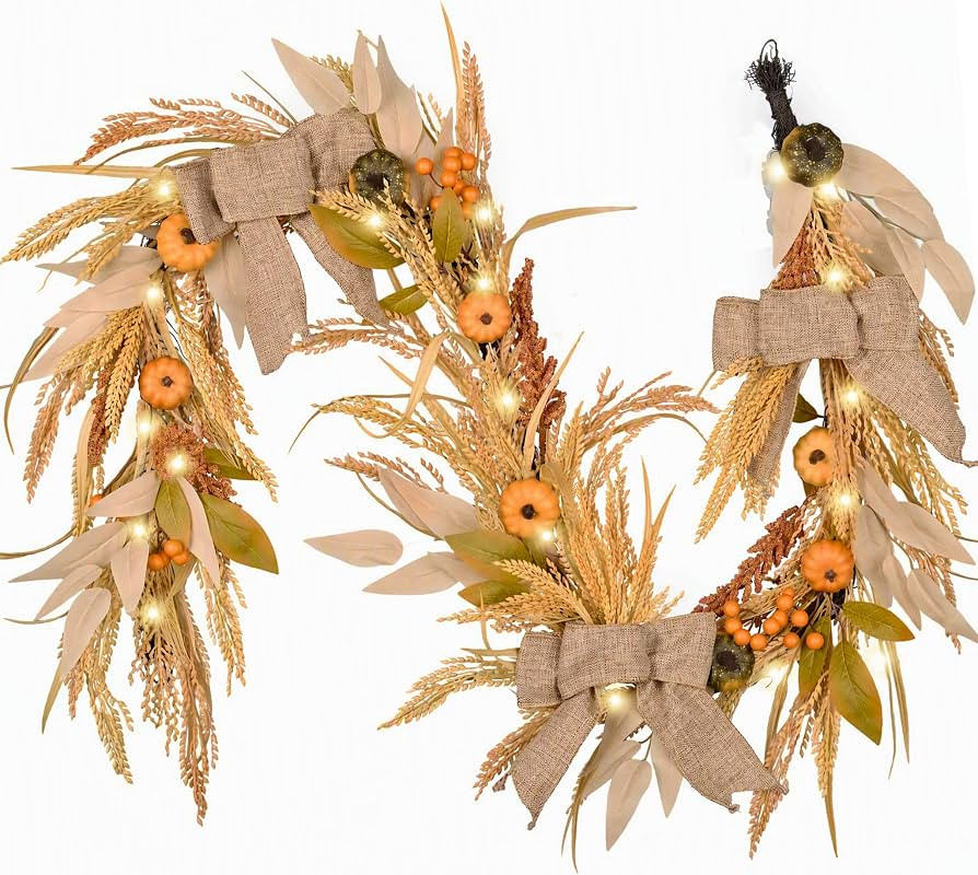 DecorbyHannah 6ft Fall Garland for Mantle with Lights & Pumpkin Burlap Bow | Amazon (US)
