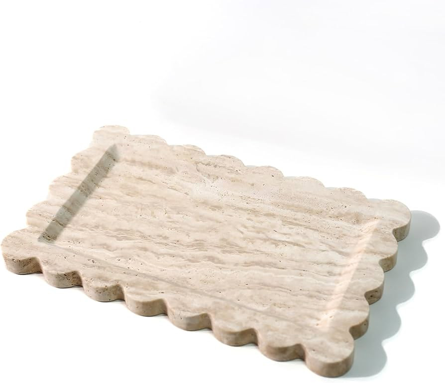 Natural 100% Marble Vanity Tray Luxury Scalloped Marble Storage Square Rectangle Tray for Home Decor Stone Tray for Bathroom Tray/Kitchen Tray/Candle Key Tray (Rectangle-11.8 * 7.4-Beige Travertine) | Amazon (US)