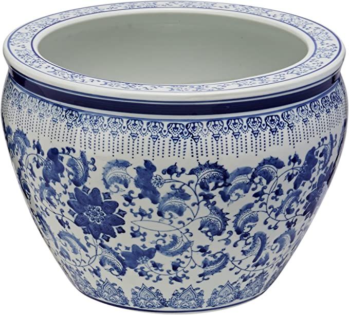 Oriental Furniture 14" Floral Blue & White Porcelain Fishbowl | Amazon (US)