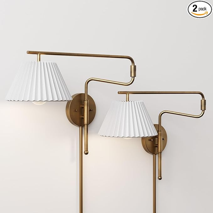 Nathan James Kai Modern Wall Mounted Plugin Bedside Reading Lamp with Pleated Shade, Vintaged Bra... | Amazon (US)